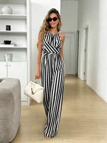 Women's Printed Fabric Waist Jumpsuit, Elegant For Holiday And Everyday Wear With Backless Neckline Summer - Multicolor - View 7