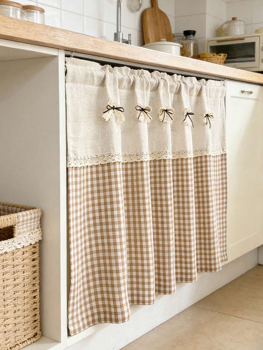 1 chiếc rèm cửa sổ nhỏ kiểu đồng quê kẻ caro, thiết kế nơ thắt, kiểu nửa rèm cho cửa bếp, tủ, vách ngăn - kiểu may túi luồn thanh treo rèm.