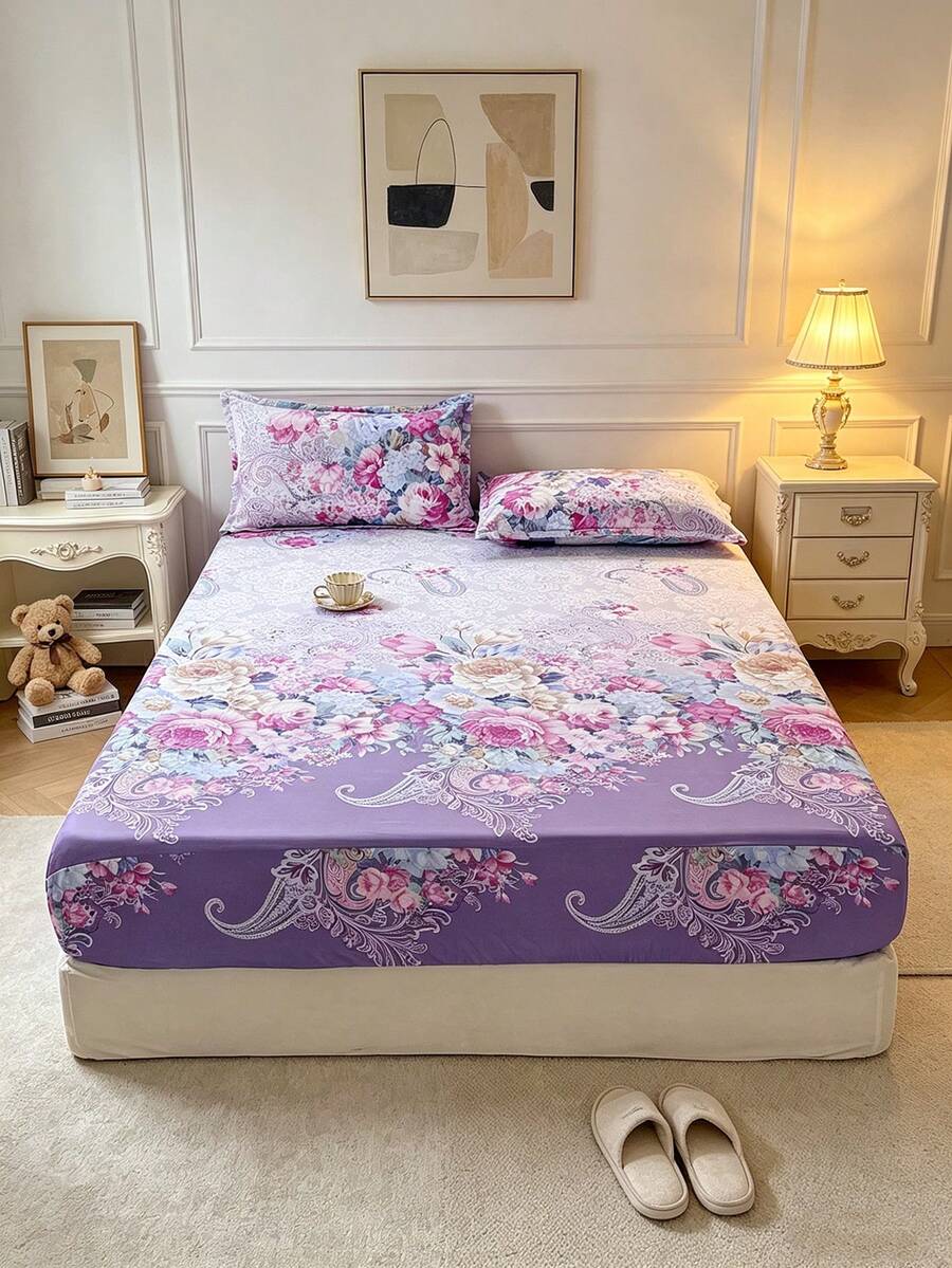 三件套床上用品，印花床笠（含枕套，不含枕芯），100% 涤纶印花床笠，床罩套装，可机洗，现代简约家居床上用品