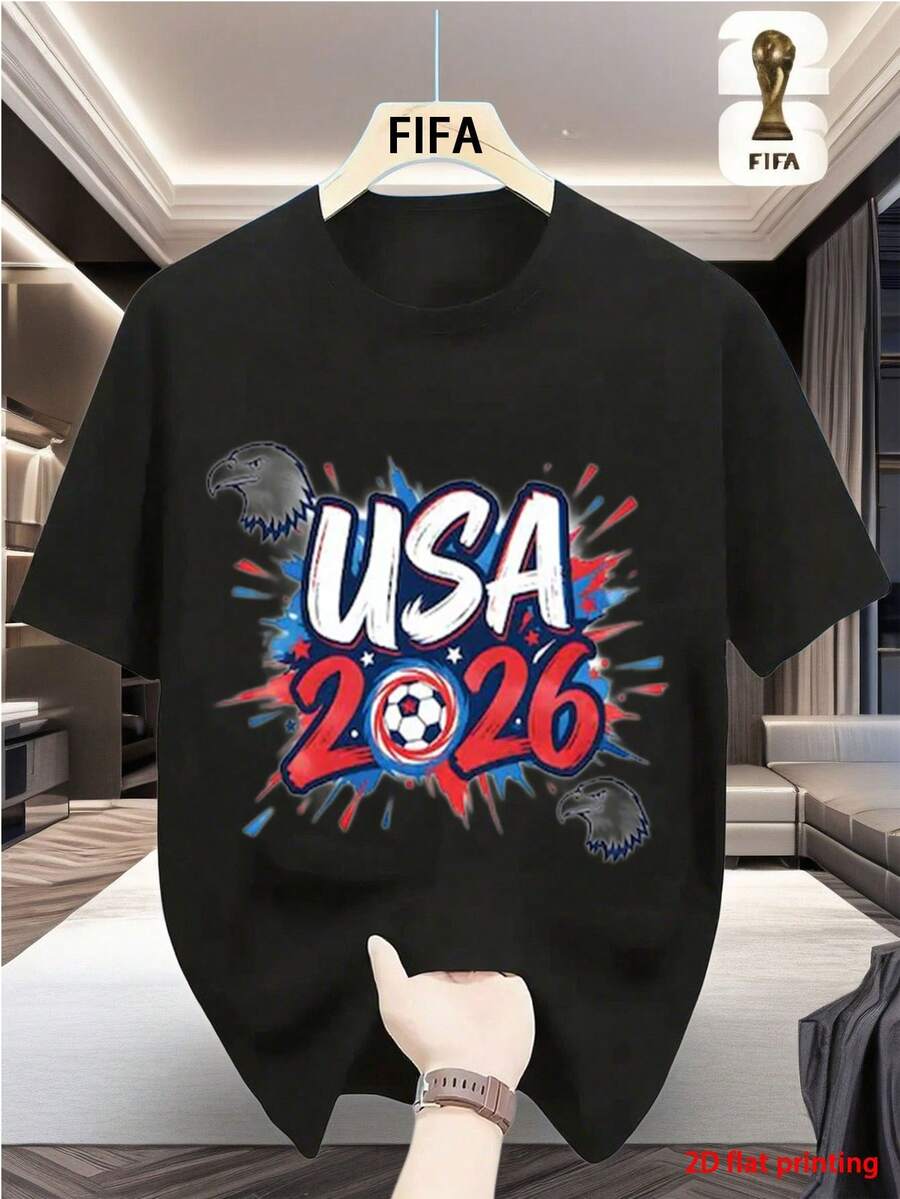 {WorldCupAuthorization} Fútbol en Estados Unidos, Canadá y México 2026, Camiseta Casual Estampada de Fútbol de EE. UU. para Hombres y Mujeres, Tela Suave, Ropa Cómoda para Fanáticos, Top para Uso Diario - Negro - Ver 1