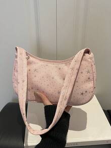 New Nylon Star Pattern Shoulder Bag, Fashionable Crossbody Baguette Bag For Women - Pink - View 6