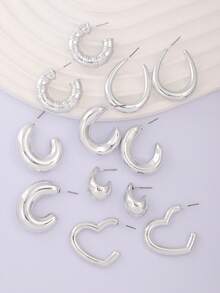 12对银色金属C形/心形/螺旋形耳环套装，小众简约风格耳环，百搭日常佩戴，适合女性 - 銀色 - 查看 3