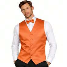 Sizes XS To 6XL Men's 3-Piece Tuxedo Vest Set – Satin Waistcoat With Bow Tie And Pocket Square For Wedding, Prom, Formal Events - 橘色 - 查看 1
