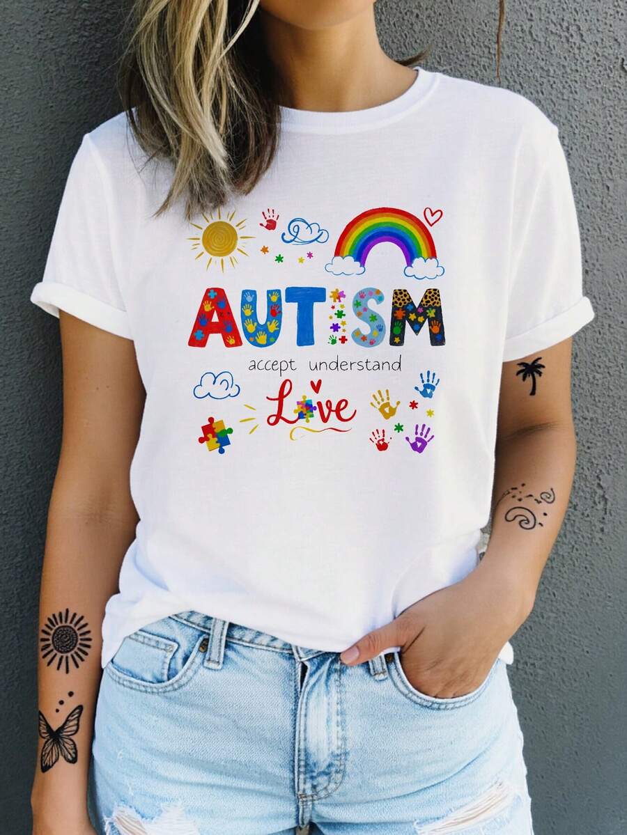 A And Cute T-Shirt To Promote Acceptance And Understanding Of Autism. This Women's T-Shirt Features A Cartoon Print, A Loose Fit, Short Sleeves, A Round Neck, And A Stylish, Unisex Design. It's Perfect For Going Out And Has A Vintage-Style Print. The Round Neck And Short Sleeves Make It Machine Washable. Ideal For Easter And Mother's Day. - 白色 - 查看 1