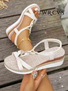 WRCVS 白色女士编织带凉鞋，夏季厚底坡跟凉鞋，手工串珠编织鞋底，饰以随机花卉图案，轻便度假波西米亚风坡跟凉鞋，适合户外和沙滩穿着。 - 白色 - 查看 6