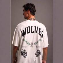 DARCSPORT American Retro Fun Wolf Head Print  Brand Short-Sleeve T-Shirt, Half-Sleeve Top For Couples - 黑色 - 查看 4