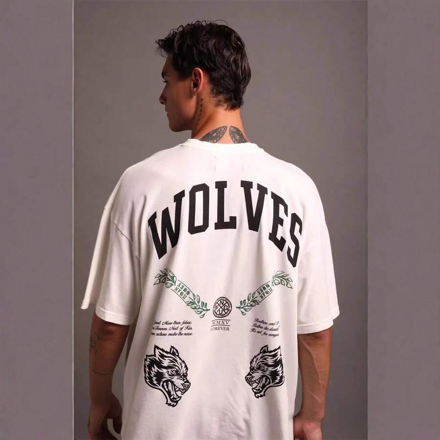DARCSPORT American Retro Fun Wolf Head Print Brand Short-Sleeve T-Shirt, Half-Sleeve Top For Couples - trắng - Xem 1