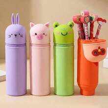 1 pieza Estuche de lápiz de silicona con diseño de gato, perro o oso de dibujos animados, estuche cilíndrico recto, organizador de escritorio para papelería y portaplumas - Estilo de pierna recta - Ver 12