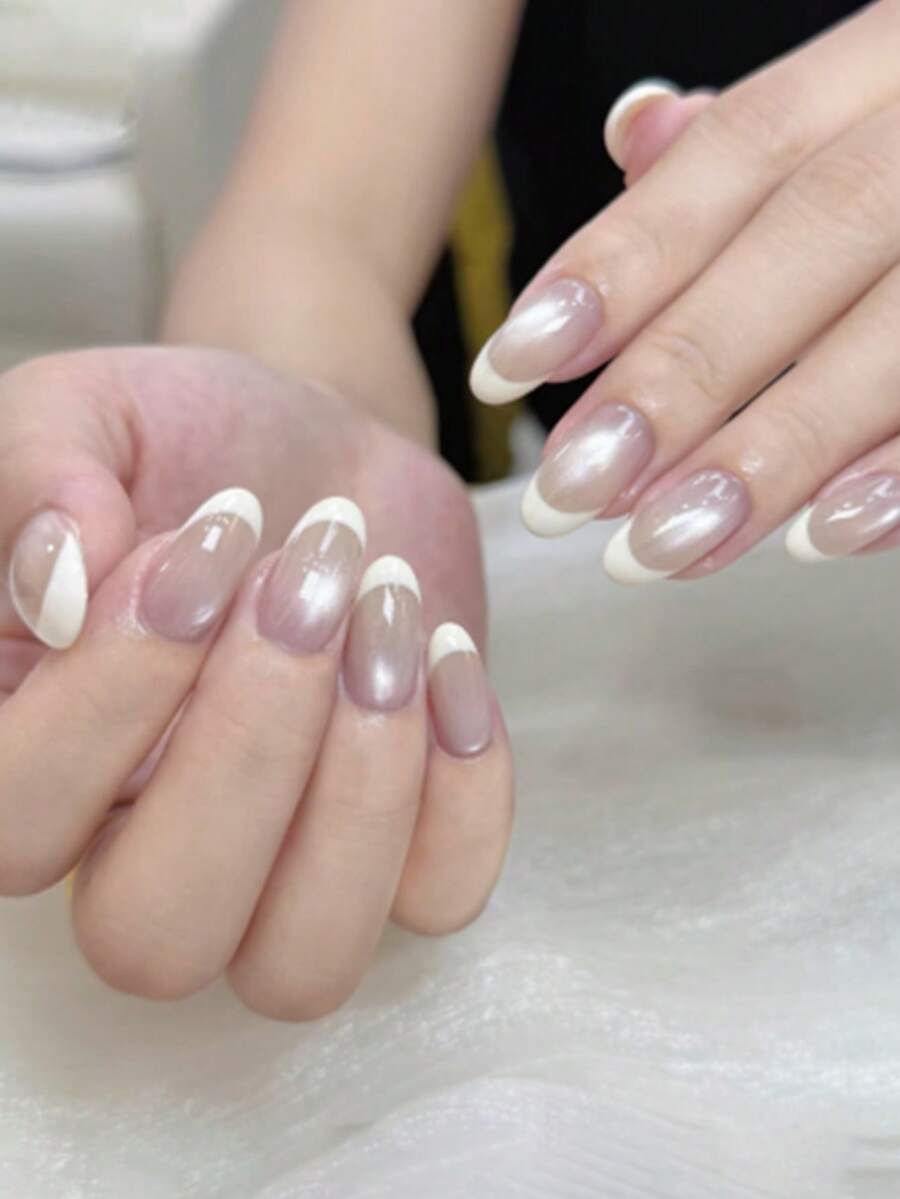 30 móng tay giả kiểu mắt mèo, màu hồng nhạt gradient, kiểu Pháp Y2K, hình bầu dục ngắn với viền trắng, móng tay giả acrylic thời trang có thể tái sử dụng, kèm theo 24 miếng dán gel và một dũa mini. - Bụi hồng - Xem 1