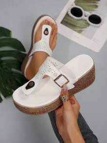 White Platform Thong Sandals For Women, Adjustable Buckle Wedge Flatform Slides - White - View 1