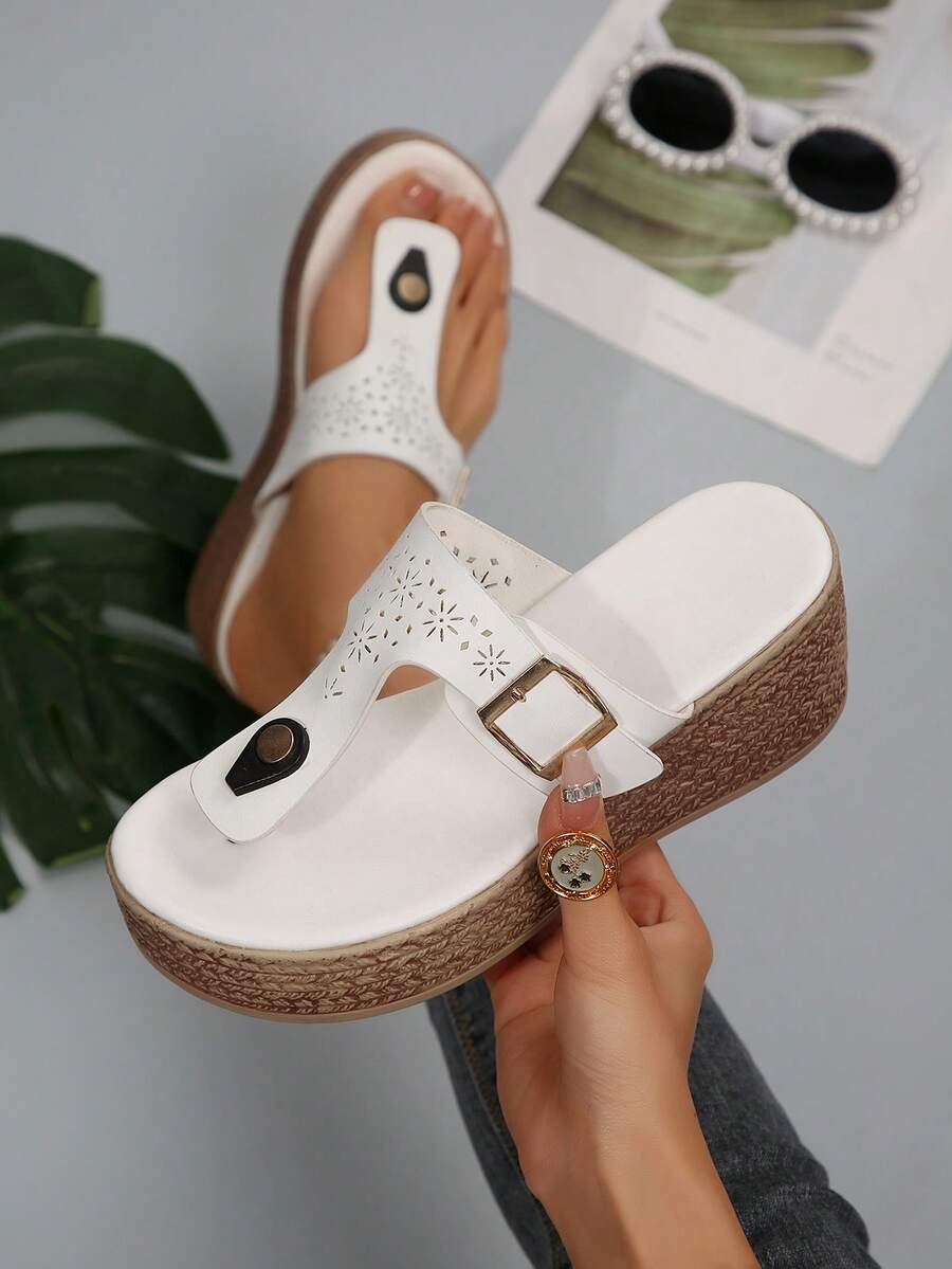 White Platform Thong Sandals For Women, Adjustable Buckle Wedge Flatform Slides - White - View 1