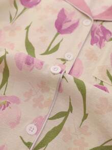 Conjunto de pijama con estampado de tulipanes de verano, top de manga corta con solapa y botones elegante y suave, y shorts, conjunto de 2 piezas de ropa de dormir y de estar en casa para mujeres - Multicolor - Ver 5