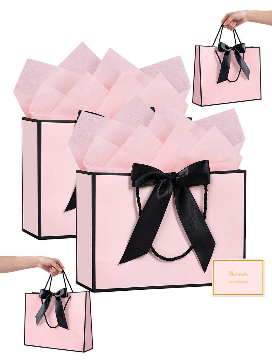 13-Inch Medium Gift Bags With Handles, Suitable For Gifts. Each Bag Includes 2 Tissue Papers And 1 Card. Great For Parties, Weddings, Bridal Showers, Mother's Day And Birthdays (Black And Pink) - Party Decor And Gifts - View 1