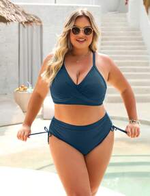 Women's High Waisted Bikini Sets, Crisscross Tie Back Drawstring Tummy Control Two Piece Swimsuits Bathing Suit - 藍色 - 查看 5