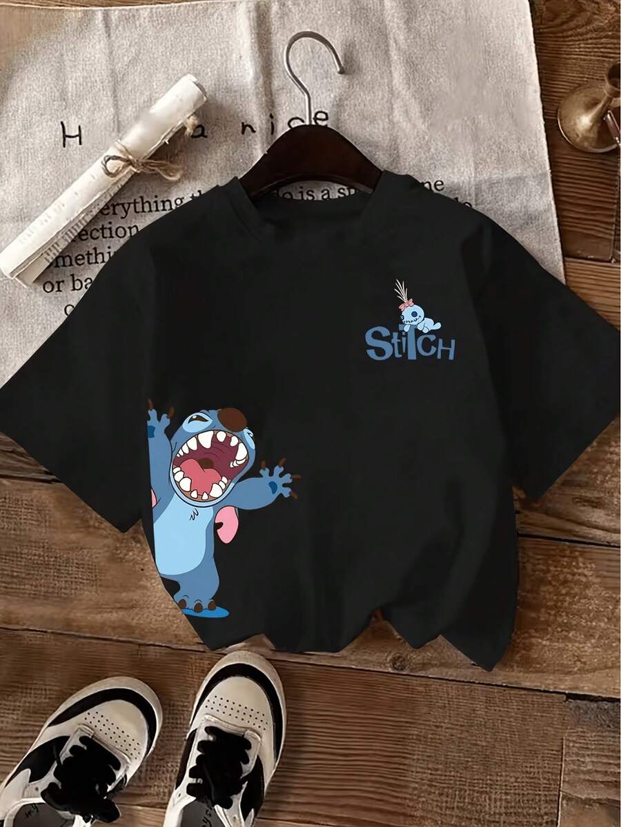 Disney License T Shirts, Disney Lilo & Stitch Funny Stitch Scrump Doll Small Print Cartoon Print Women's Crew Neck Casual Short Sleeve T-Shirt, Cute Graphic Tee, Regular Fit Summer Daily Tops,  Streetwear For Teen Girls, Leisure Vacation Disney Theme Park Wear, Cute Daily Casual Tshirt  ,Camiseta, Summer Outfits For Women, Summer Clothes, Summer Tops, Tops For Women, Festival Outfits, Summer Tops For Women, Mother's Day, Mother's Day Clothing, Gifts For Family And Friends, Spring Outfits For Women, Officially Licensed Disney T-Shirts, Disney Men's And Women's Spring/Summer Fashion Casual Short-Sleeve T-Shirts - Black - View 1