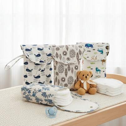 Bolsa para fraldas estampada com alça, portátil para guardar lenços umedecidos, mamadeira e acessórios em viagens (1 unidade).