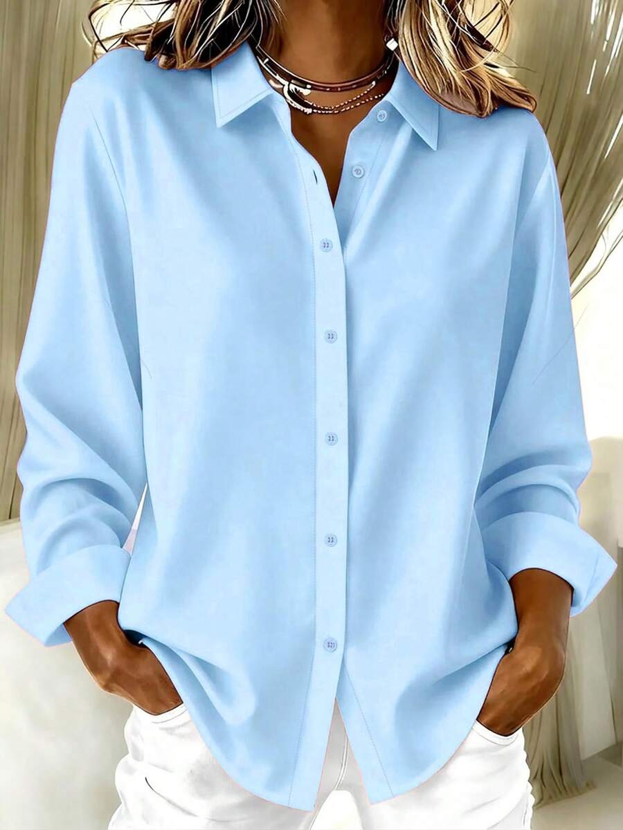 Kemeja Kasual Dasar Wanita Ukuran Besar Lengan Panjang Ringan dengan Kancing Depan - Baby Blue - View 1