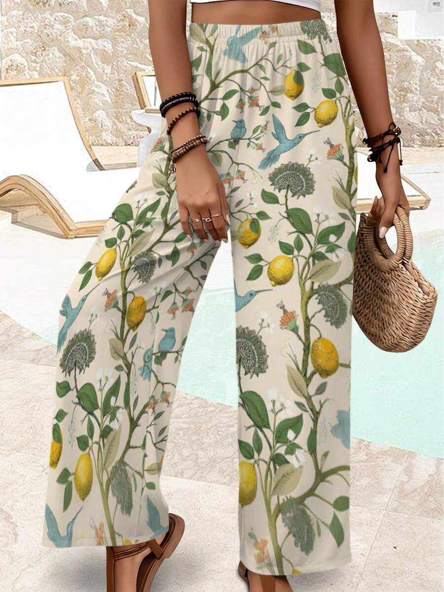 Lemon Hummingbird Print Wide Leg Pants For Women Vintage Inspired Floral Summer Casual Pants For Everyday Wear - 彩色 - 查看 1