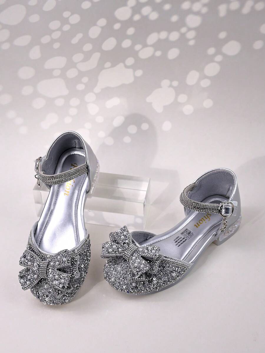 Children Flat Sandals, Girls Sandals, Princess Shoes With Rhinestone Bow, Hook And Loop, Pearl Closed Toe, Fashion Sandals - Silver - View 1