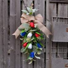 1 pieza Guirnalda de tulipán con lazo de oreja de cordero y gota, decoración artificial verde para colgar en la puerta, adecuada para ambientación de primavera/verano, decoración de pared de estilo granja para días festivos, apta para todas las estaciones, hogar, jardín, boda o regalo - A - Ver 3
