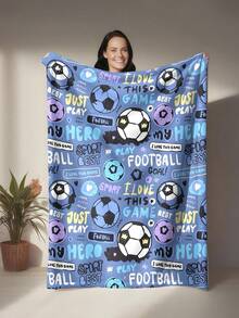 1pc Cartoon Football Print Flannel Blanket - Soft & Comfortable, Suitable For Outdoor, Travel, Camping, Sofa, Bedding - Modern Funny Cartoon Minimalist Print, Comfortable Bedding Accessory For All Seasons, Versatile - Multicolor - View 2