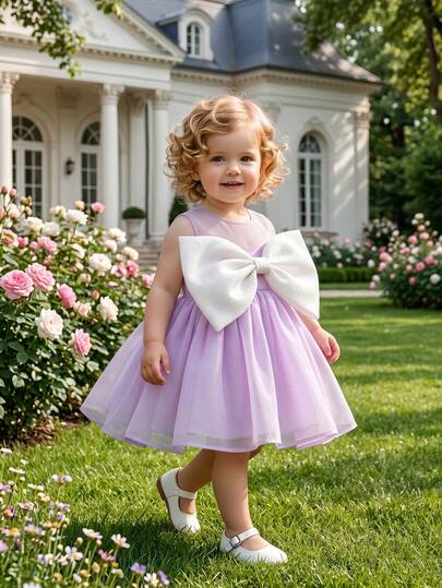 Baby Girls' Sleeveless Tulle Bow Decor Purple Princess Dress, Elegant Formal Dress Suitable For Toddler Girls' Birthday Party, Wedding Flower Girl, Casual Outings