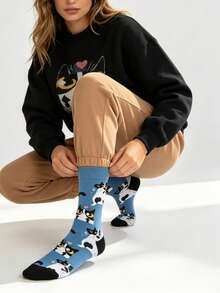 1 par de calcetines medianos para mujer, diseño de gato lindo, moda versátil estilo europeo y americano - Multicolor - Ver 6
