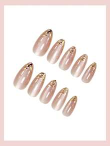 24pcs Medium Pink Cat Eye Nail Art With 3D Golden Line Matte Full Cover False Nails, Suitable For Women And Girls - Multicolor - View 2