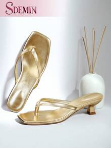 SDEMIN Women's Spring Summer Fashion Versatile Thong Heeled Sandals, Elegant Square Toe Kitten Heel Mules, Casual Stylish Slip-On Shoes For Daily Vacation, Beach, Office, Party And All-Match Outfits - 金色 - 查看 1