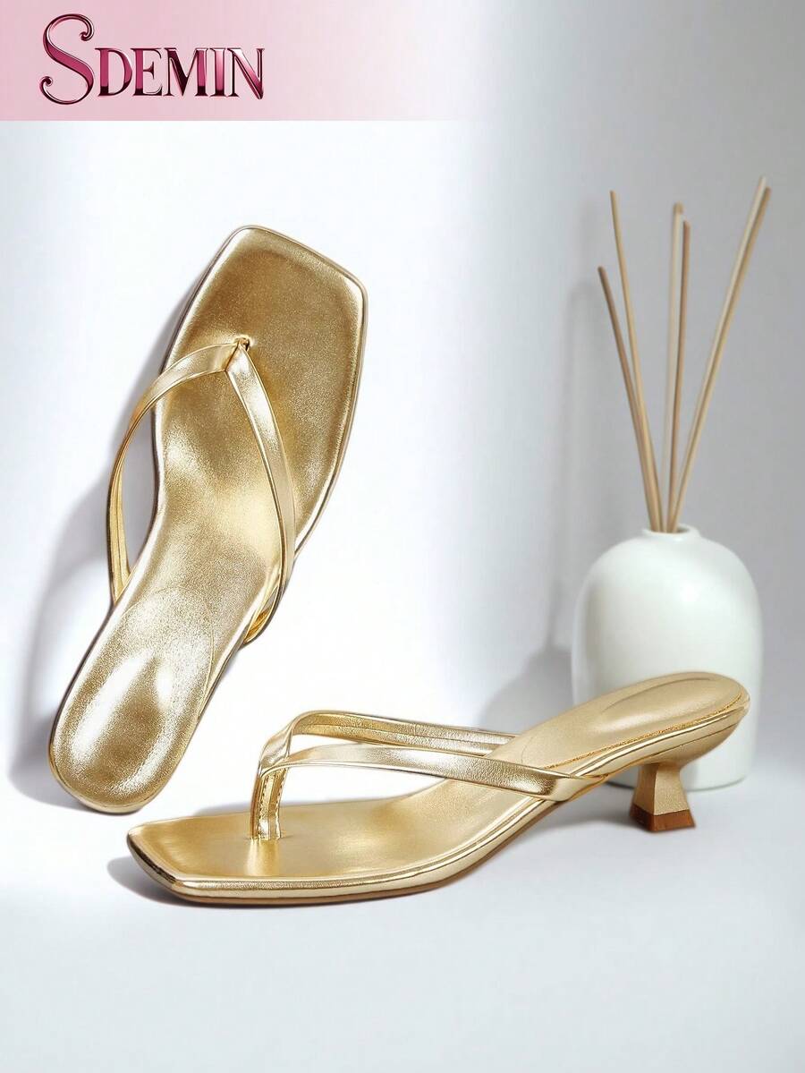 SDEMIN Women's Spring Summer Fashion Versatile Thong Heeled Sandals, Elegant Square Toe Kitten Heel Mules, Casual Stylish Slip-On Shoes For Daily Vacation, Beach, Office, Party And All-Match Outfits - 金色 - 查看 1