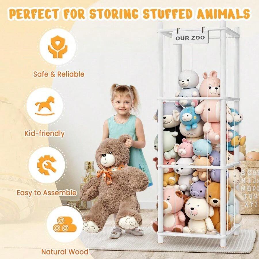 Stuffed Animal Storage Organizer, Wooden Cute Zoo Toy Holder Toddler Rooms, Playrooms BedroomsWhite - 白色的 - 查看 1