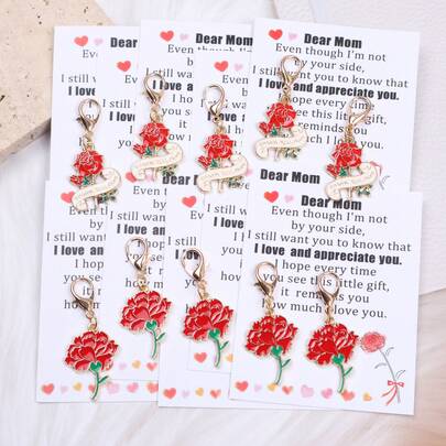5pcs/10pcs Romantic & Elegant Red Rose & Carnation Keychain Set, Great Gift For Mom, Thankful Themed Pocket Hug Token, Pocket Hug Card, For Mother's Day, Birthday Party, Family Gathering, Party Decor. A Unique Mother's Day Gift.