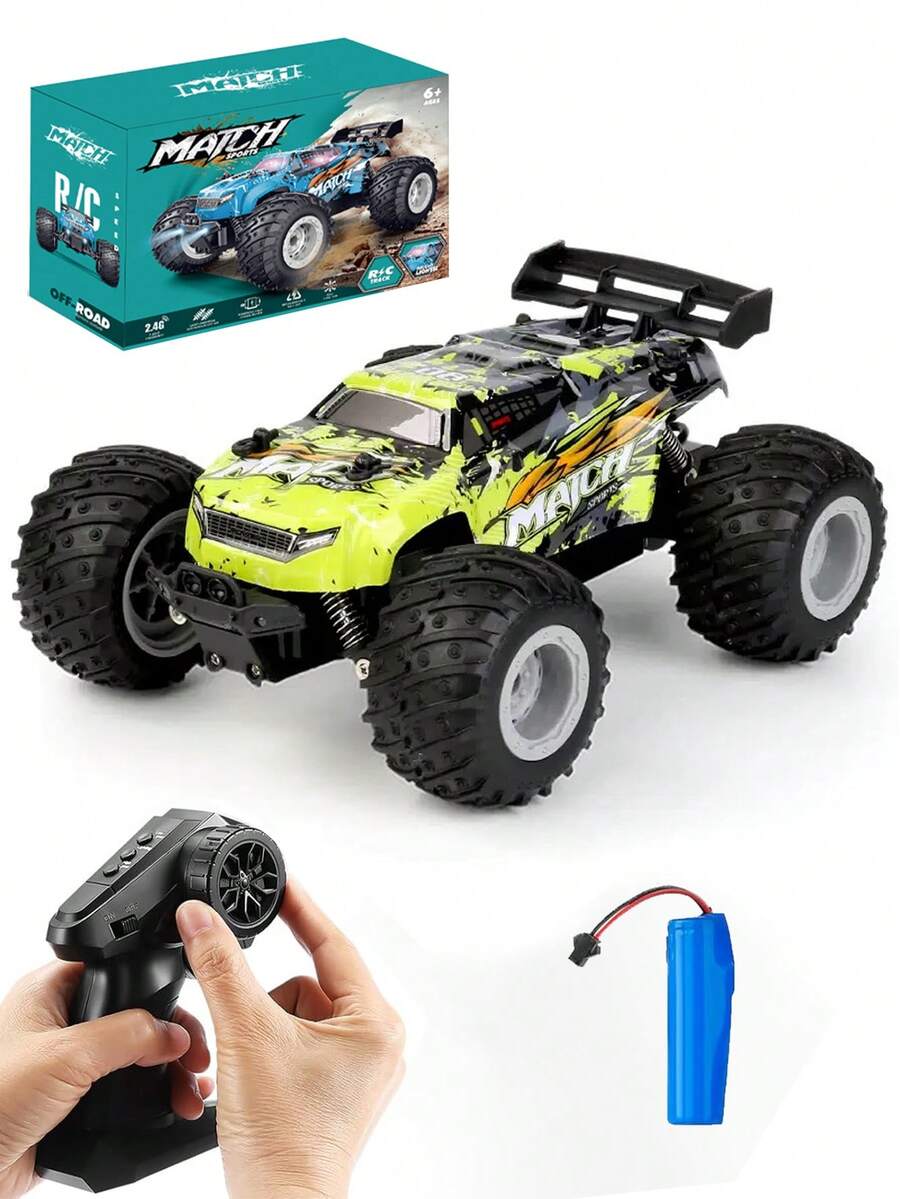 1辆1:18比例全地形遥控卡车,两轮驱动,时速22公里/小时,2.4GHz遥控,适合男孩的遥控越野赛车玩具,耐用PVC外壳,两档速度控制,配备彩色LED灯和可充电电池,是送给儿童和初学者的理想礼物,适合3岁及以上男孩女孩,非常适合万圣节和圣诞节。 - 彩色 - 查看 1
