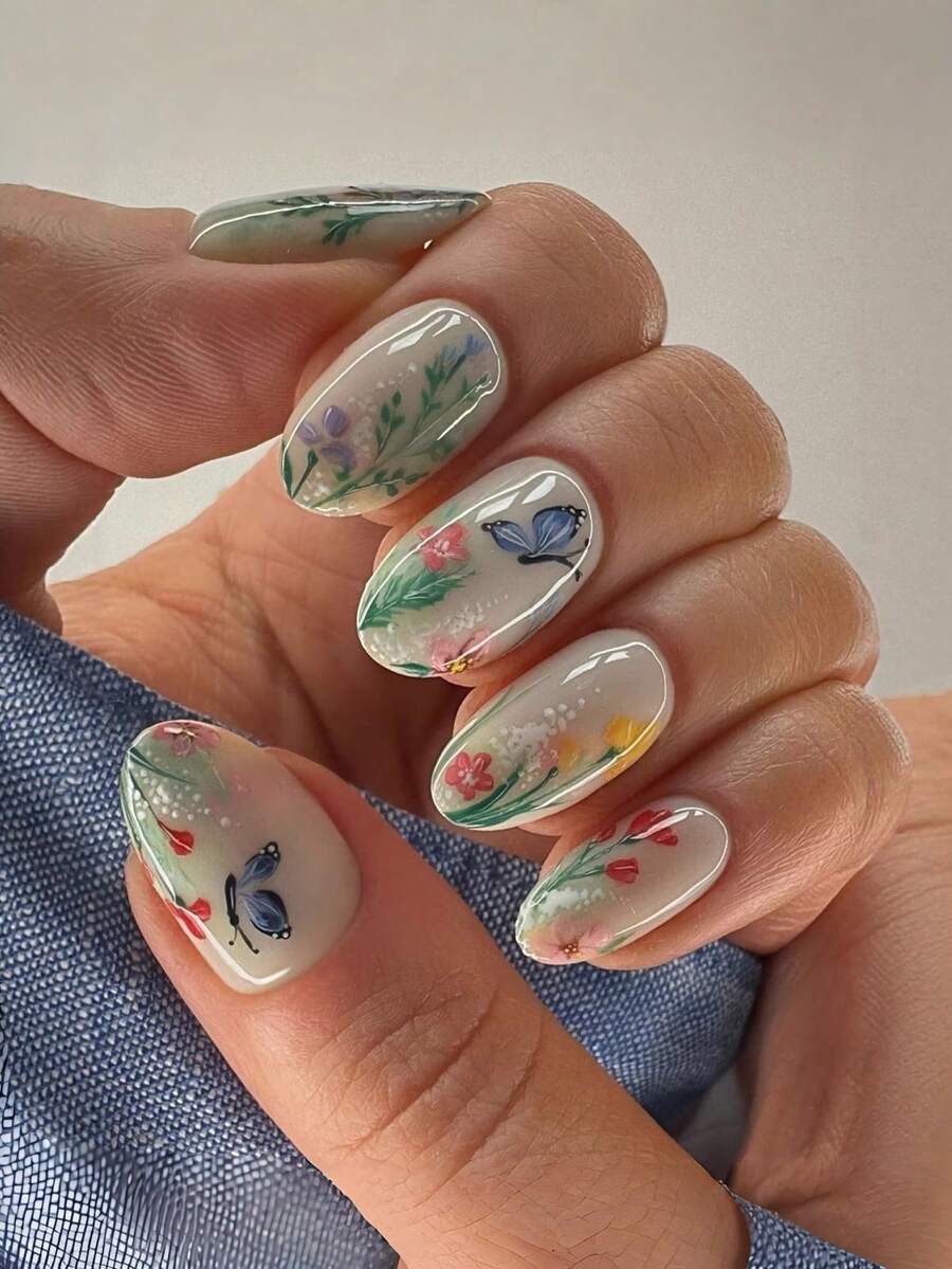 24片/套 椭圆形春夏白色和绿色扎染蝴蝶和花朵短款美甲贴片,适合性感女孩、OL、派对、约会和日常佩戴 - 彩色 - 查看 1