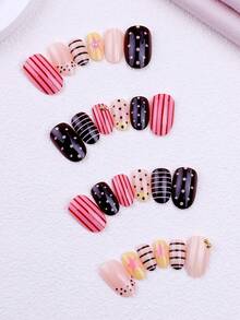 NAIO 24pcs/Set Spring And Summer Press On Nails Short Oval Nail Tips, Y2K Baddie Style, Polka Dot Nails, French Pointed Press Nails, With Linear Textures And Five-Pointed Star Patterns, Decorated With Gold Beads. Suitable For Women And Girls, Party, Daily Wear, Comes With Tool Kit, Great Gift For Ladies Nails Nail Supplies - Multicolor - View 2
