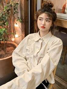 女士休闲日常通勤简约纯色抽绳褶皱打结长袖短款衬衫，春秋季 - 杏色 - 查看 1