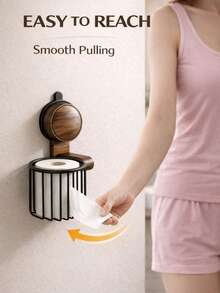 Portarrollos de papel higiénico con cesta de almacenamiento de ventosa, organizador de pared de madera de nogal y metal, sin necesidad de perforar - Color caoba - Ver 2