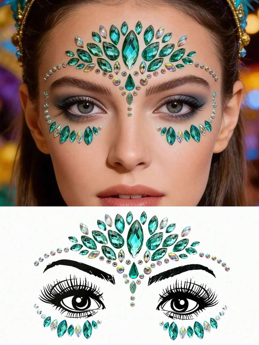 1pc Crystal & Emerald Rhinestone Forehead Jewel Sticker, Dual-Tone Gemstone Decor For Party, Festival, Daily Wear, Self-Adhesive, Waterproof, Suitable For Women & Gift,Concert Look,Face Gems - Multicolor - View 1