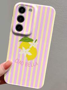 1pc Minimalist Striped Lemon Flower Pattern Perforated Glossy Film Phone Case, Suitable For IPhone 11/12/13/14/15/16 Pro Max - Multicolor - View 5