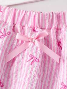 Toddler Girls' White Bow Strap Dress Set, Solid Color Minimalist Strap Top + Elastic Waist Striped Layered Skirt 2Pcs Set, Sweet Style For Summer Holiday & Daily Wear - Pink - View 9
