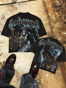 "Godspeed" Title - Oversized Distressed Print T-Shirt With Statue Of Liberty Pattern In The Night, Men's Short Sleeve, 100% Cotton, Loose Fit, Y2K Street Retro Casual Urban Aesthetics, 100% Cotton Pullover. Gift. - 黑色 - 查看 6