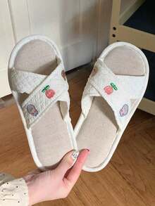 Pantuflas de lino para mujer, con diseños lindos de fresa, oso y conejo, de estilo dulce, planas, antideslizantes, con suela suave y cálida, adecuadas para uso en interiores, para niñas y estudiantes, en primavera, otoño e invierno - Blanco - Ver 4