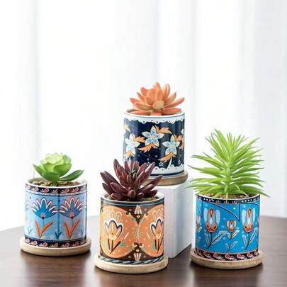 4pcs Ceramic Flower Pots With Trays, Painted, Succulent Planter Set, Retro Pop Art, Desktop Greenery Small Pots