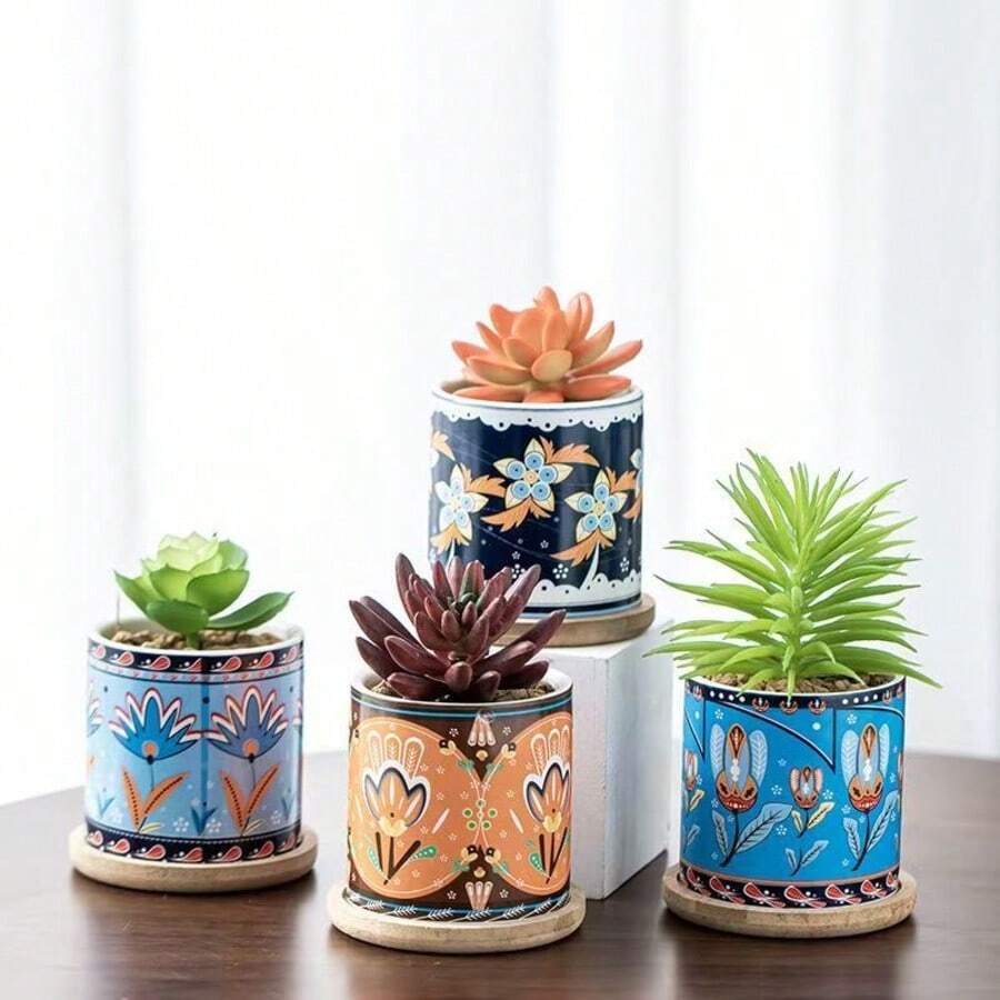 4pcs Ceramic Flower Pots With Trays, Painted, Succulent Planter Set, Retro Pop Art, Desktop Greenery Small Pots - Painting - View 1