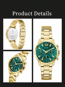 Reloj de mujer GUESS, elegante correa de cuero dorado y verde, esfera luminosa, caja de acero inoxidable, piel amigable, adecuado para oficina, eventos sociales, fiestas, aniversarios, citas, regalo del Día de la Madre, resistente al agua 50M - GW0933L6 - Verde - Ver 7