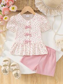 Kids Girl Sweet Summer Set - Pink Bow Decor Floral Print Blouse & Elastic Waist Shorts 2pcs - Hồng - Xem 2