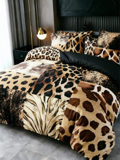 3Pcs Leopard Wild Animal Patchwork Pattern Bedding Set Duvet Cover Set, Pillow Pattern Is Random Duvet Cover Set (1 Duvet Cover + 2 Pillowcase Without Pillow Insert), Bedding Set, Soft Warm And Cozy Bedding Set For Bedroom, Guest Room, Dormitory Decoration