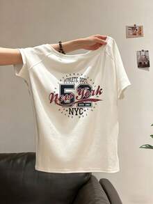 Áo thun nữ phong cách Grunge New York 1989, tay ngắn, trễ vai, dáng suông, chất liệu polyester co giãn cao, kiểu dáng thường ngày. - trắng - Xem 14