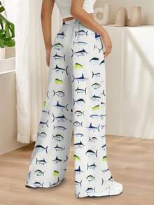 Women Summer Wide Leg Pants Marlin Tuna Swordfish Print Short Sleeve T-Shirt Unique Ocean Life Design For Ladies Palazzo Pants Summer Fishing Trips Casual Wear - Nhiều màu - Xem 3