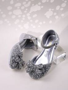 Children Flat Sandals, Girls Sandals, Princess Shoes With Rhinestone Bow, Hook And Loop, Pearl Closed Toe, Fashion Sandals - Silver - View 3